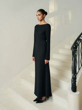 Backless Draped Maxi Dress With Pearl Chain Detail And Long Sleeves For Evening Elegance